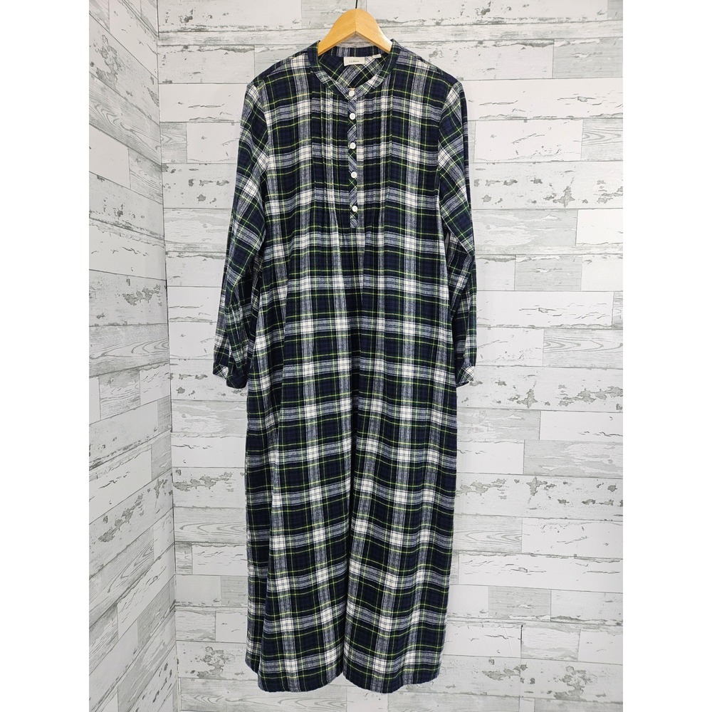 LL Bean Womens Large Plaid Flannel Nightgown Henley Maxi Lounge Sleep Shirt